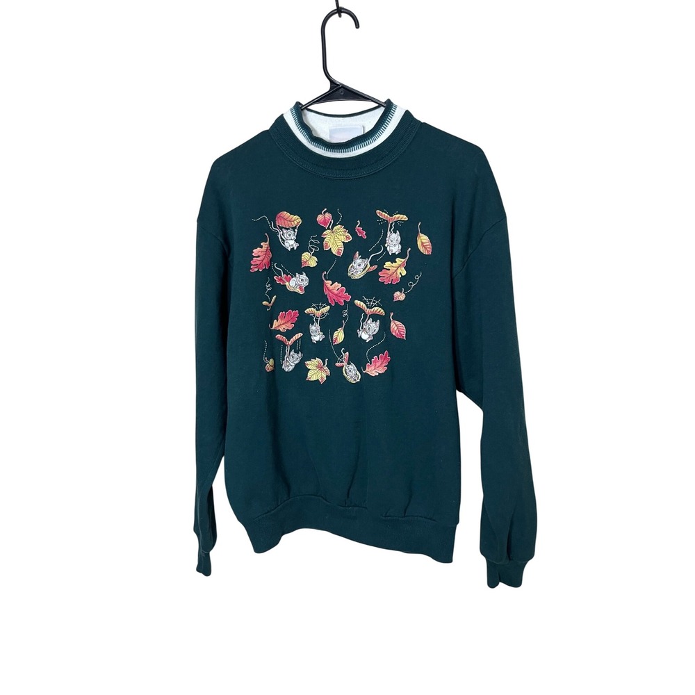 Vintage Morning‎ Sun Forest Green Crewneck Sweatshirt Mouse Leaf Print M